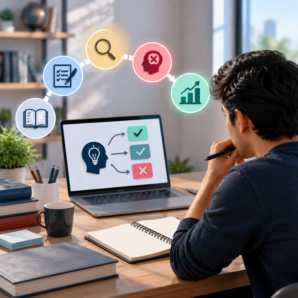 Student practising GMAT Critical Reasoning with study materials, laptop analysis and logical problem-solving icons representing preparation, review and improvement.